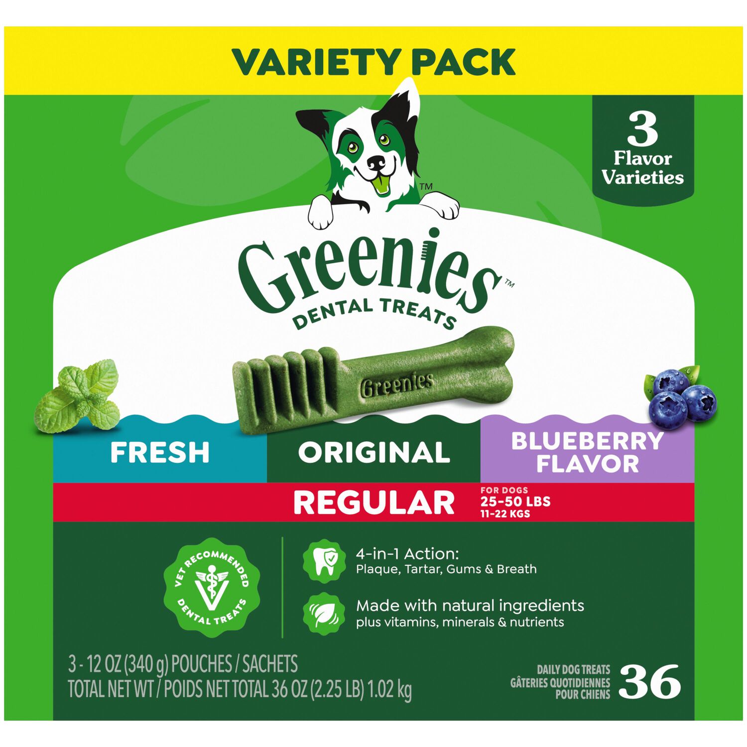 Greenies Regular Fresh, Original, & Blueberry Flavor Variety Pack Dental Dog Treats, 36 Count
