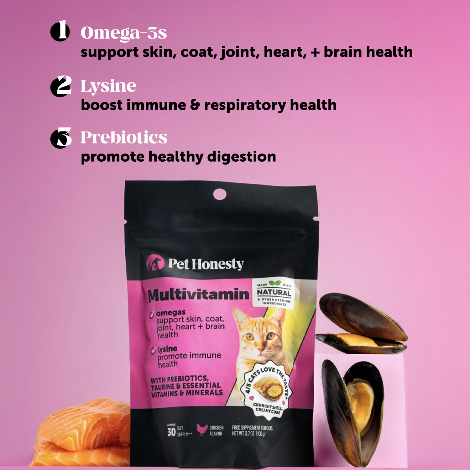 Pet Honesty Dual Texture Chicken Flavored Multivitamin Supplement Crunchy Cat Chews With Lysine & Probiotic, 3.7-Oz Pouch