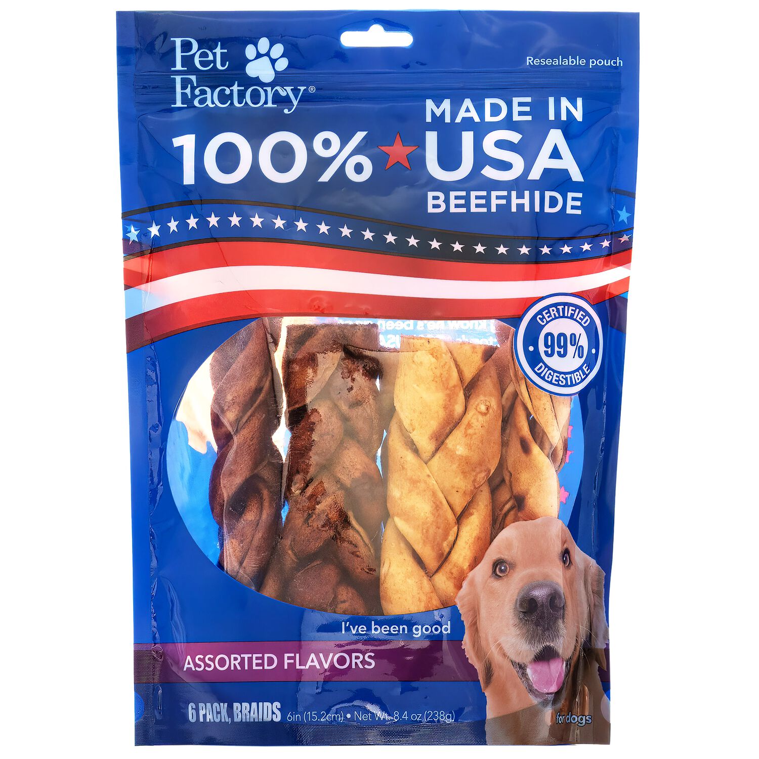 Pet Factory American Beefhide Braided Sticks Variety Pack Beef & Chicken Dog Treats, 6" Pack Of 6