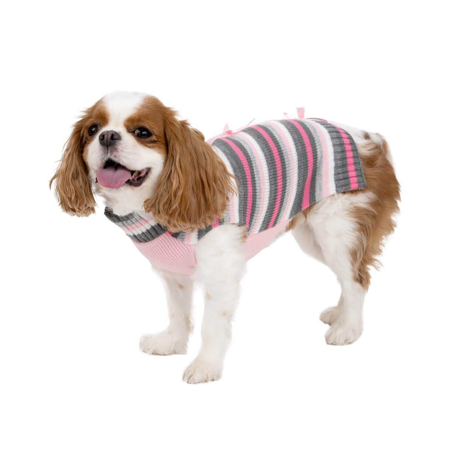 Simply Dog Pink & Gray Striped Fall Dog Sweater With Bows