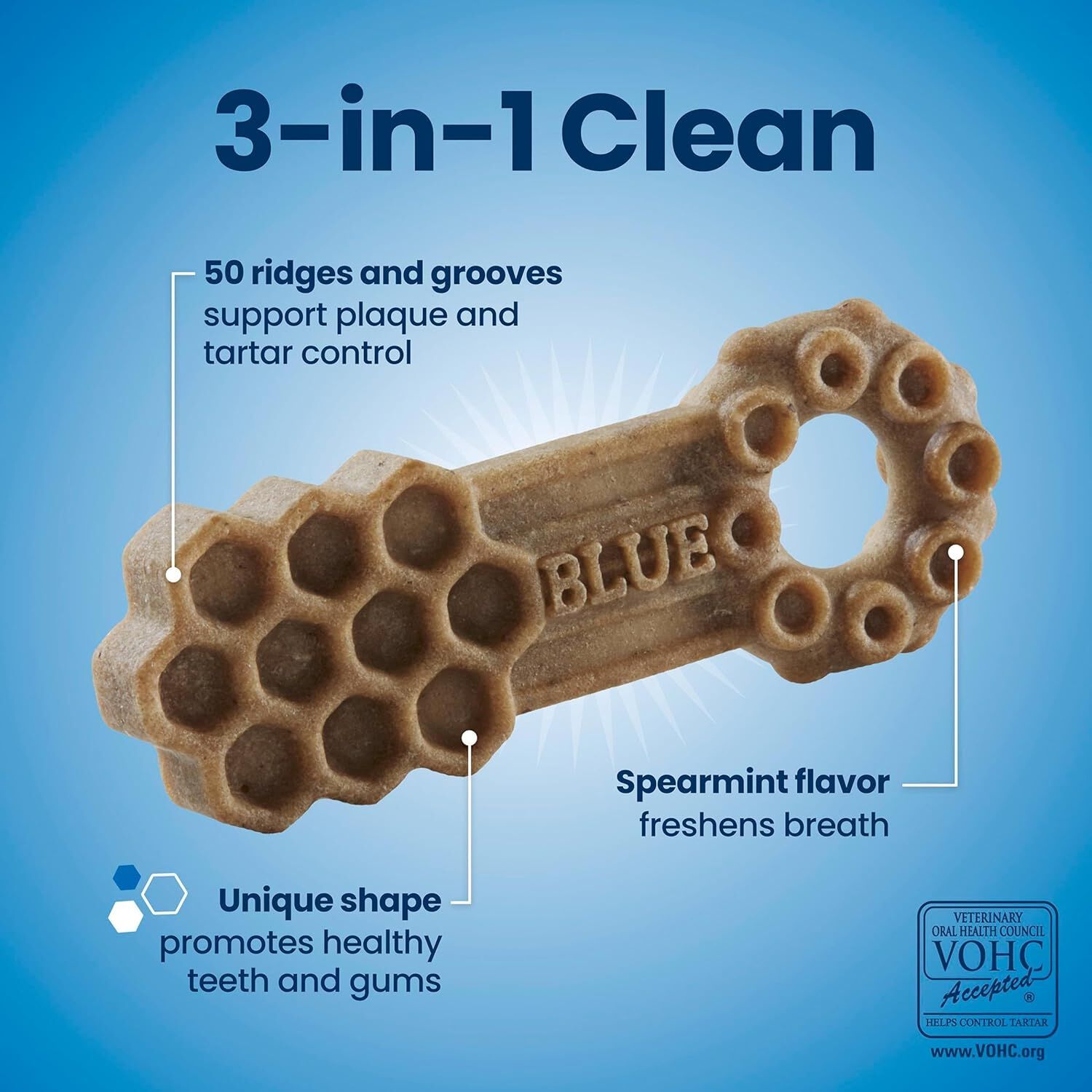 Blue Buffalo 3-In-1 Medium Sized Dog Dental Chews, Chicken & Spearmint Flavor, 14-Ct