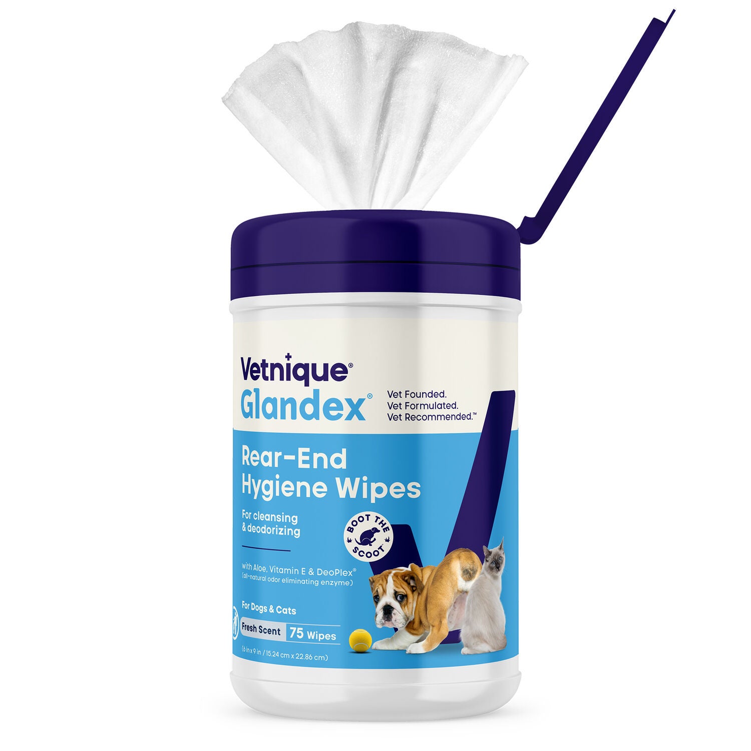 Vetnique Glandex Rear End Wipes For Dogs & Cats, Anal Gland Hygiene | Deodorizing Dog & Cat Wipes For Paws & Butt, Boot The Scoot With Deoplex Enzyme, Aloe & Vitamin E, Alcohol Free, 75-Ct