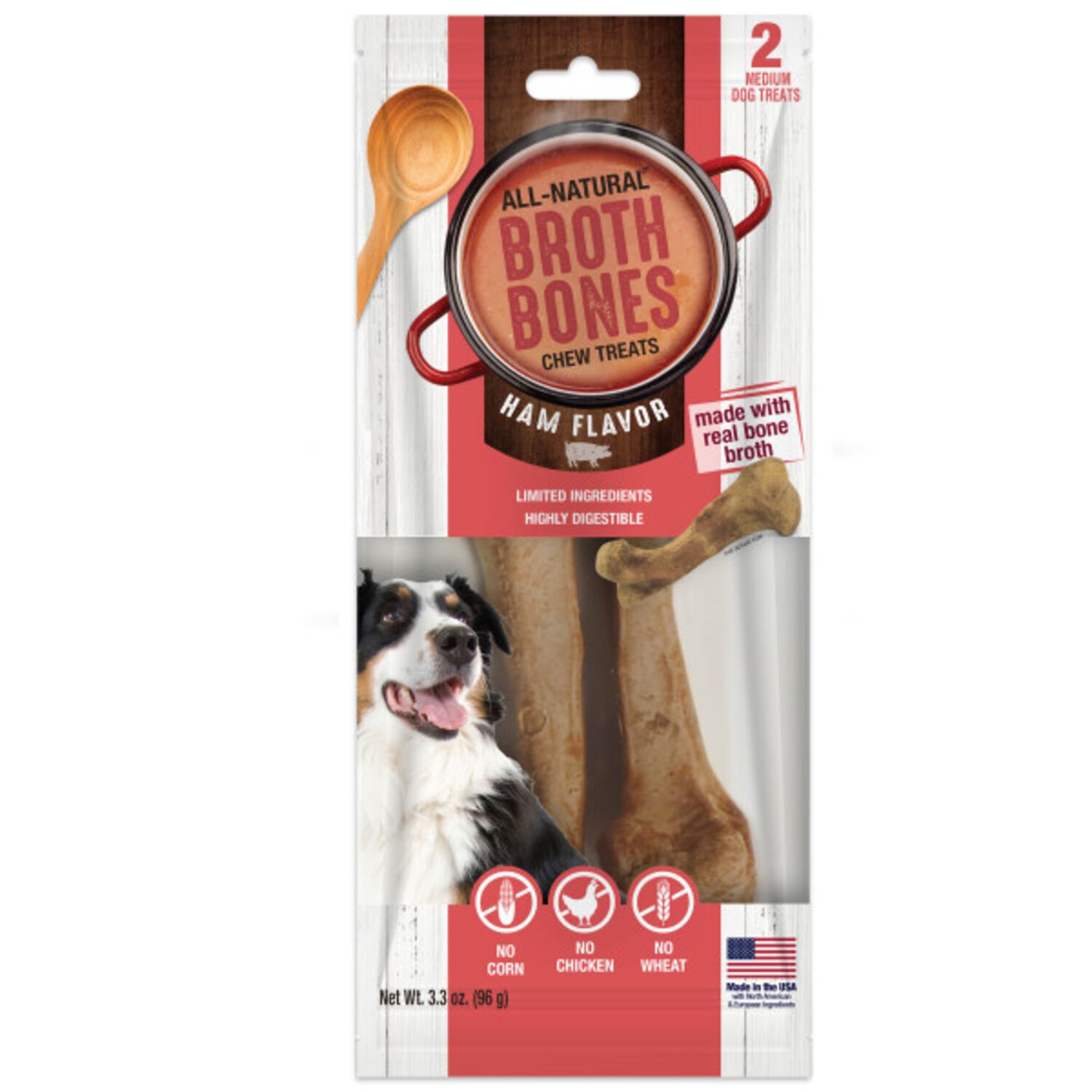 Nylabone Broth Bones Ham Flavored Chews Medium Dog Treats, 2-Count