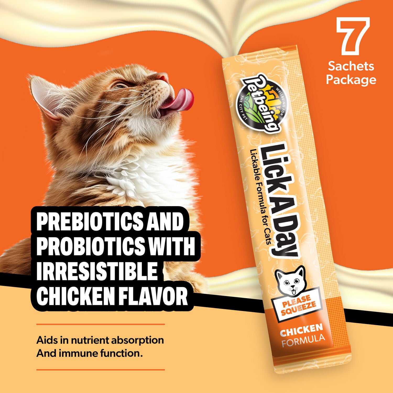 Petbeing Lick A Day 7-In-1 Functions Lickable Chicken Puree Supplement For Cats, 7 Count