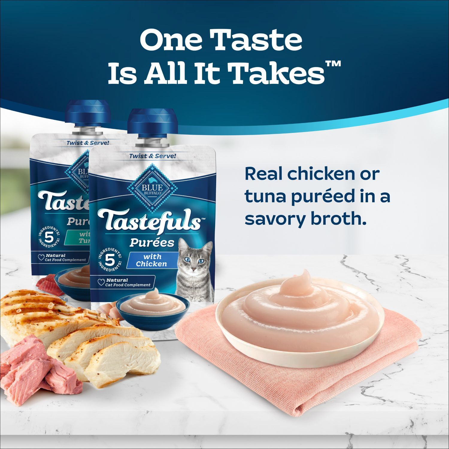 Blue Buffalo Tastefuls Purees Adult Wet Cat Food, Chicken & Tuna Variety Pack, 3-Oz - Pack Of 12