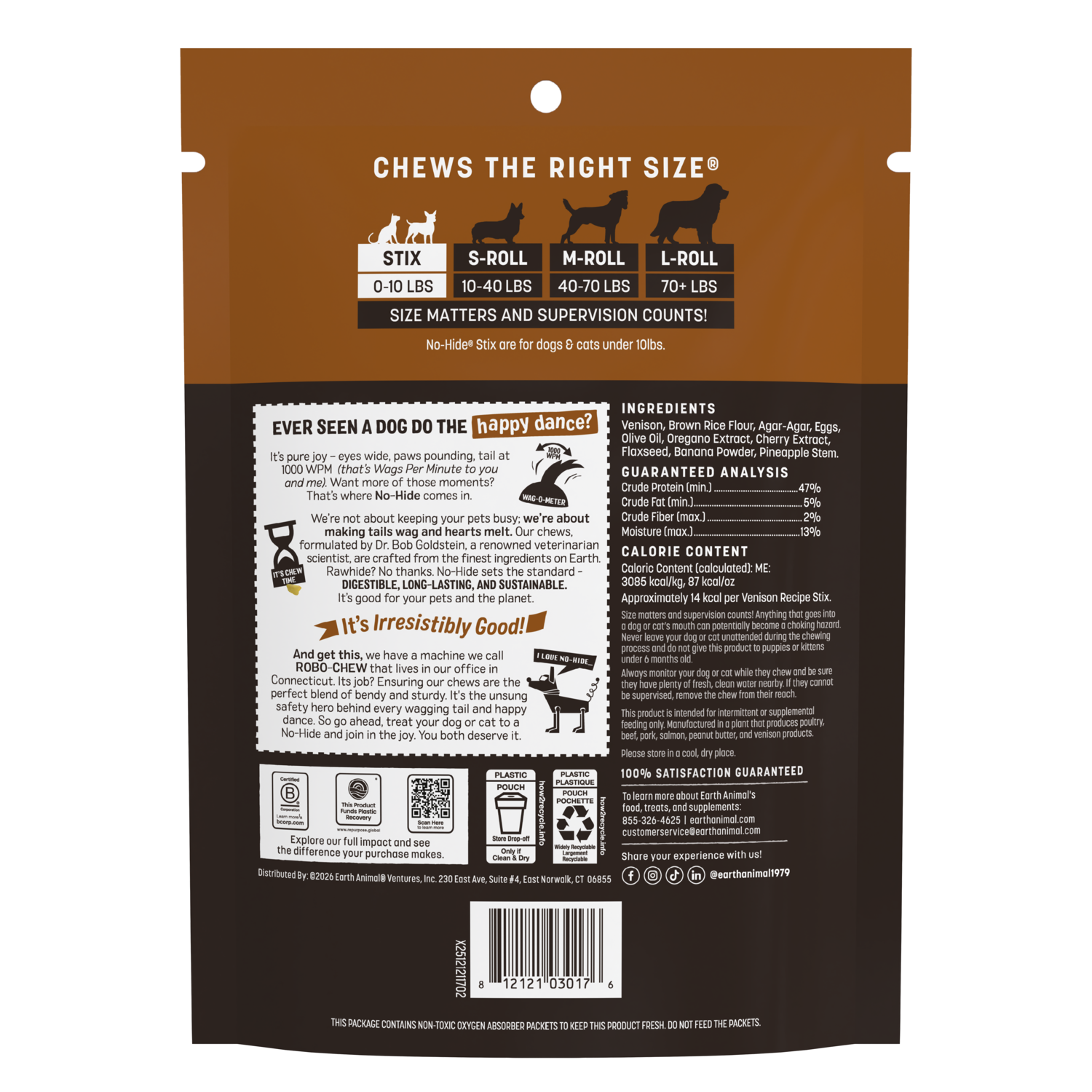 Earth Animal No-Hide Rawhide Alternative Stix Cat & Dog Treat, Venison Flavor, 10-Pack