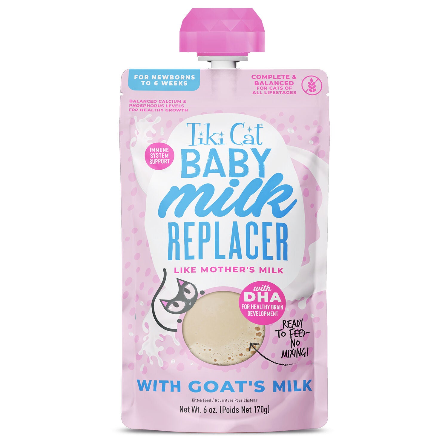 Tiki Cat Baby Milk Replacer Kitten Food, Goat Milk, 6-Oz Spout Pouch Pack Of 6