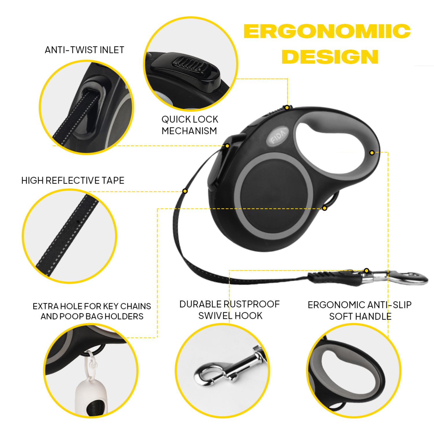 Fida Pet Comfort Series Retractable Dog Leash, Black - Large