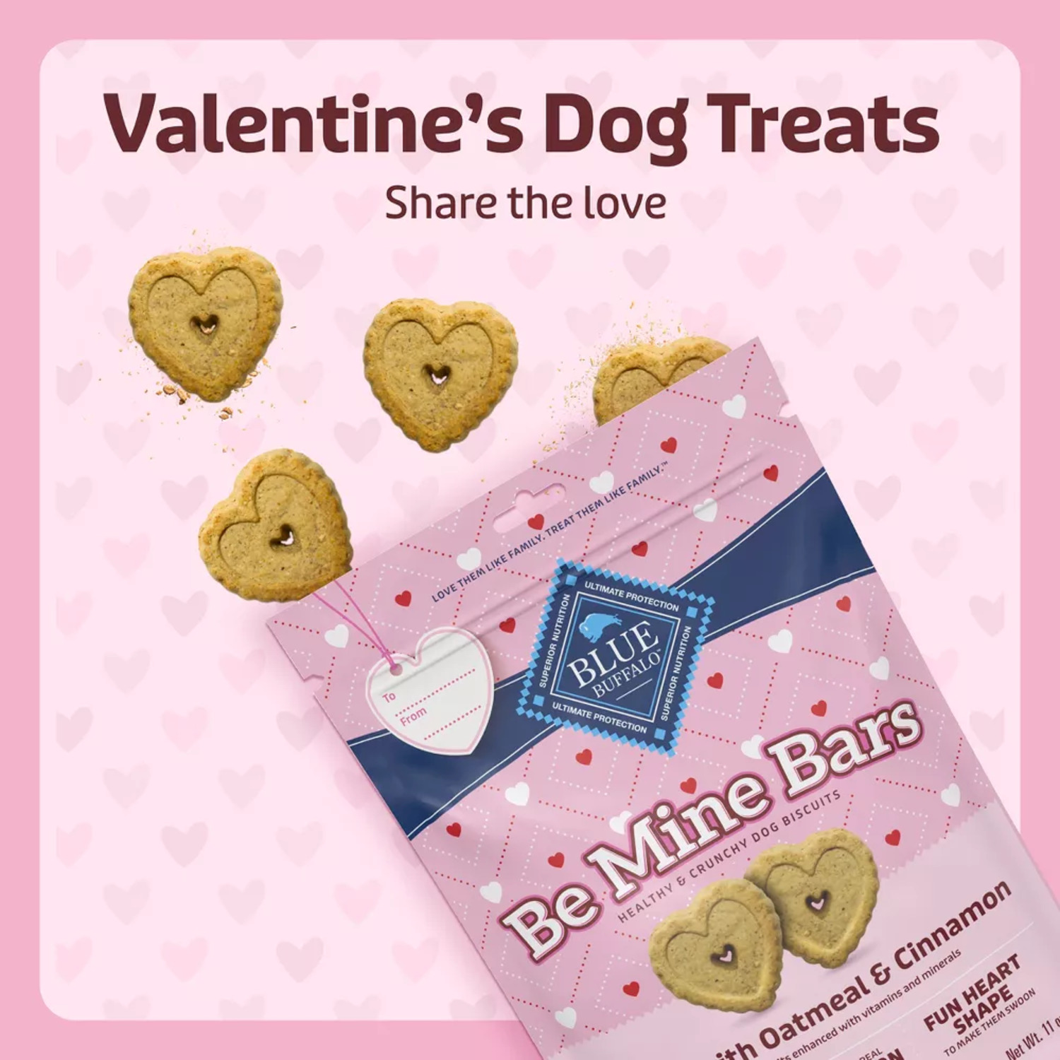 Blue Buffalo Be Mine Bars Heart-Shaped Healthy & Crunchy Dog Biscuits, Natural Valentine&rsquo;S Dog Treats, Baked With Oatmeal & Cinnamon, 11-Oz Bag