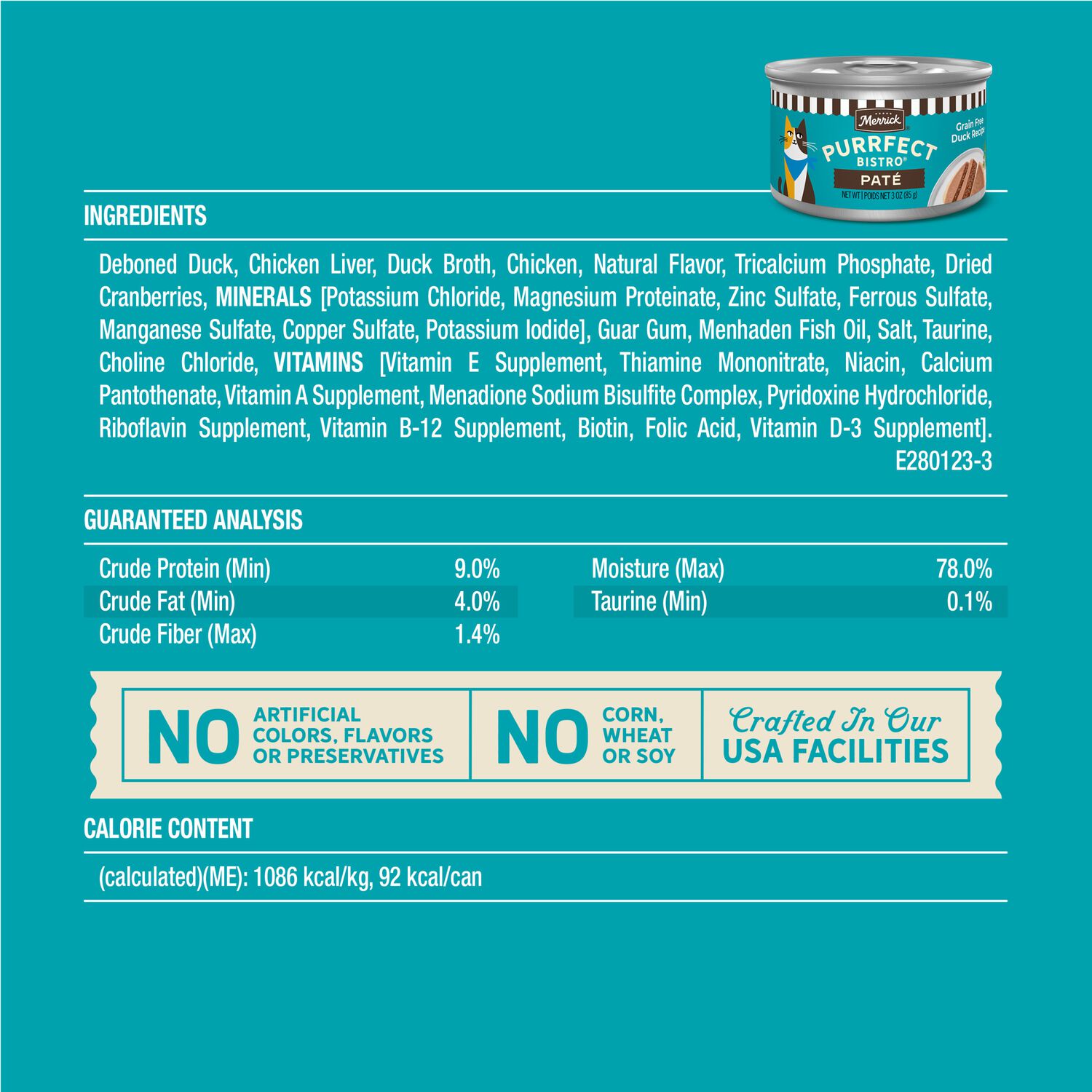 Merrick Purrfect Bistro Grain Free Premium Soft Canned Pate Adult Wet Cat Food, High Protein Duck Recipe - 3-Oz. Can - Case Of 24