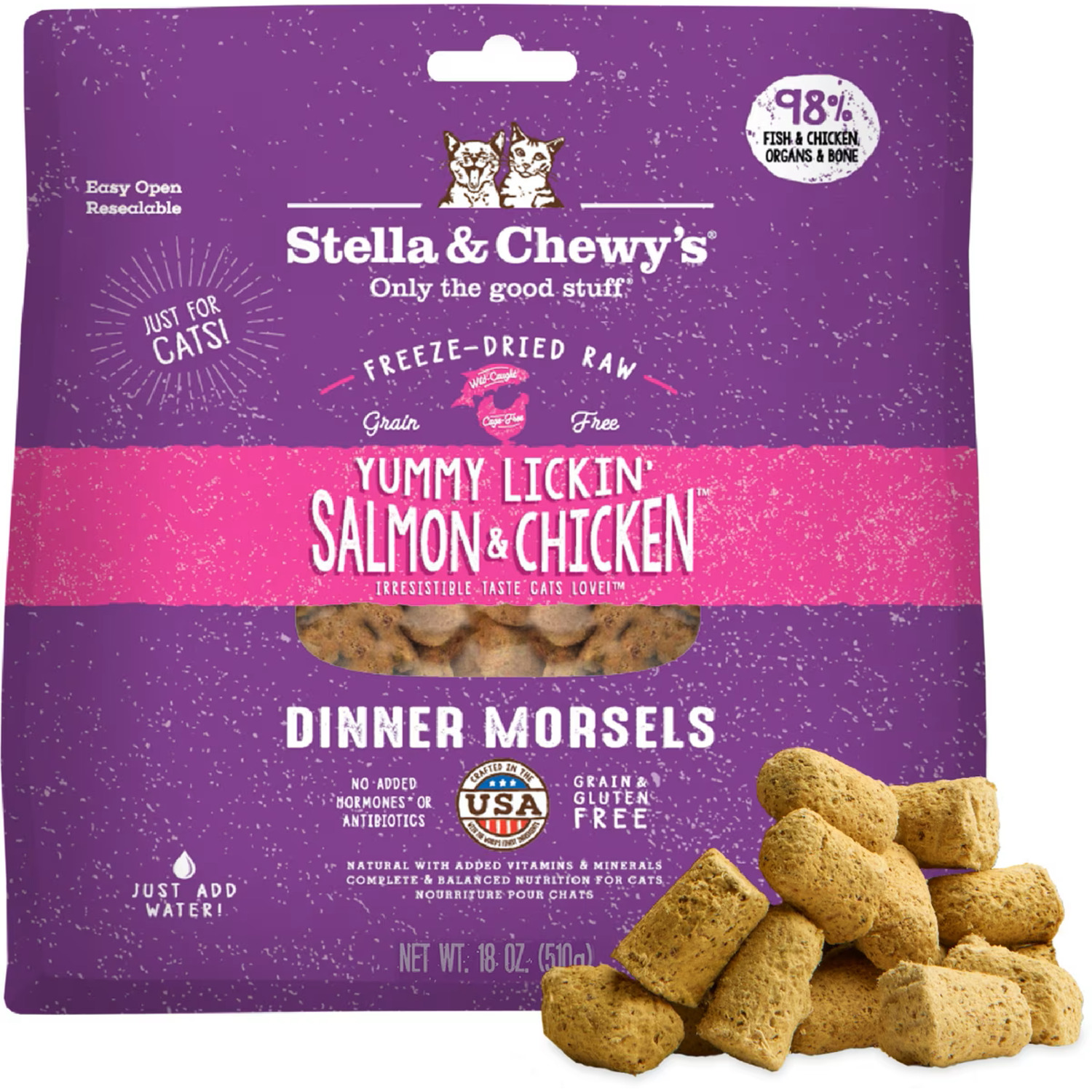 Stella & Chewy's Dinner Morsels Freeze-Dried Raw Cat Food, Yummy Lickin' Salmon & Chicken, 18-Oz Bag