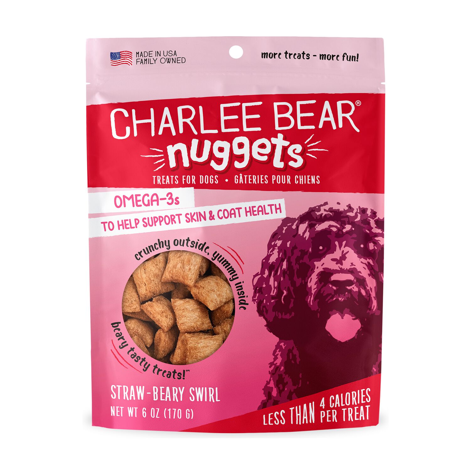 Charlee Bear Nuggets Grain-Free Crunchy Skin & Coat Dog Treats, Straw-Beary Swirl, 6-Oz