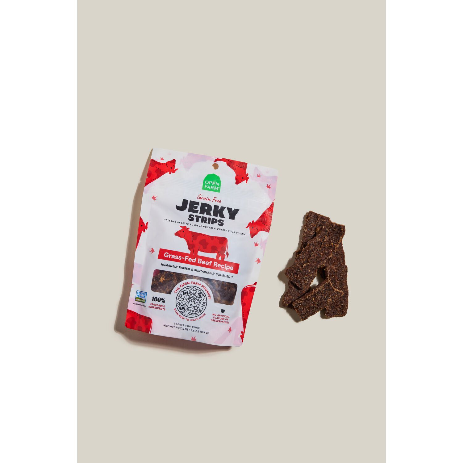 Open Farm Jerky Strips Grain-Free Dog Treats, Grass-Fed Beef, 5.6-Oz Bag