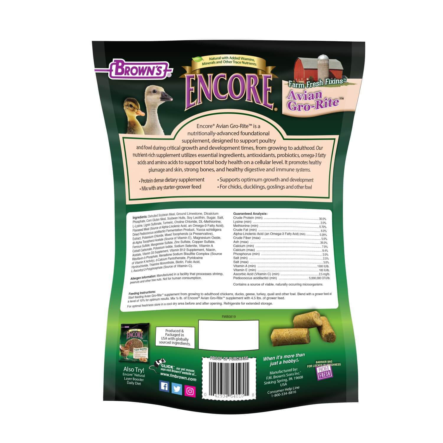 Brown's Encore Farm Fresh Fixins Gro Rite Avian Dietary Supplement