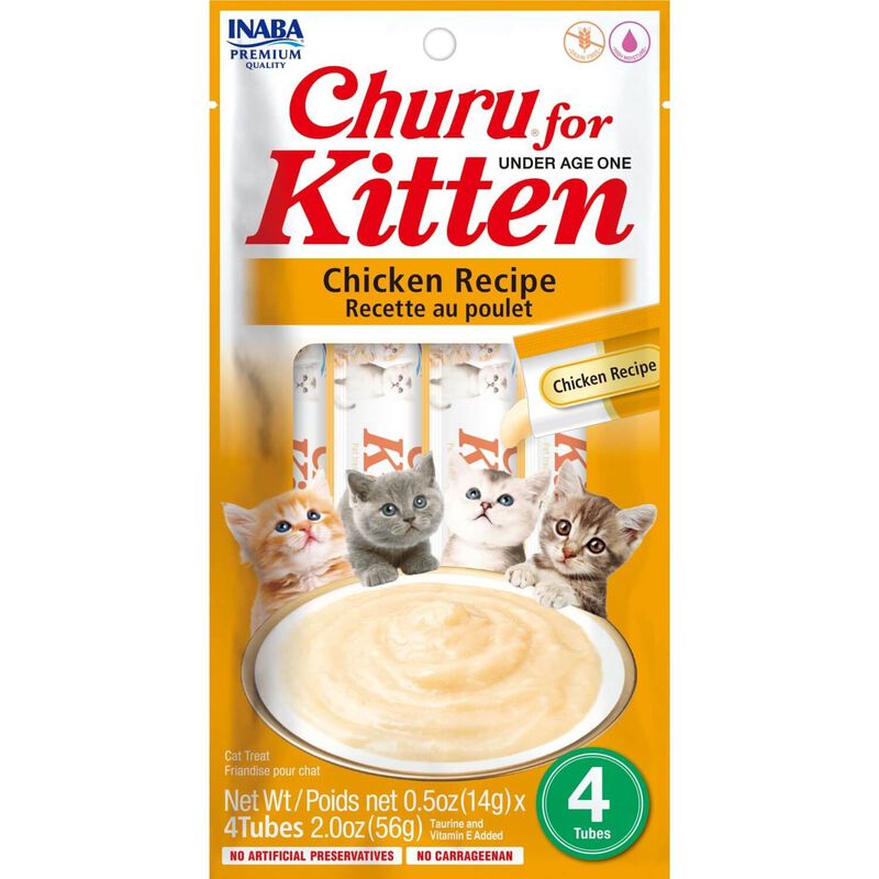 Inaba Churu For Kittens, Grain Free, Chicken Puree Recipe Lickable Cat Treats, 4 Tubes Of .5 Ozs/Tube