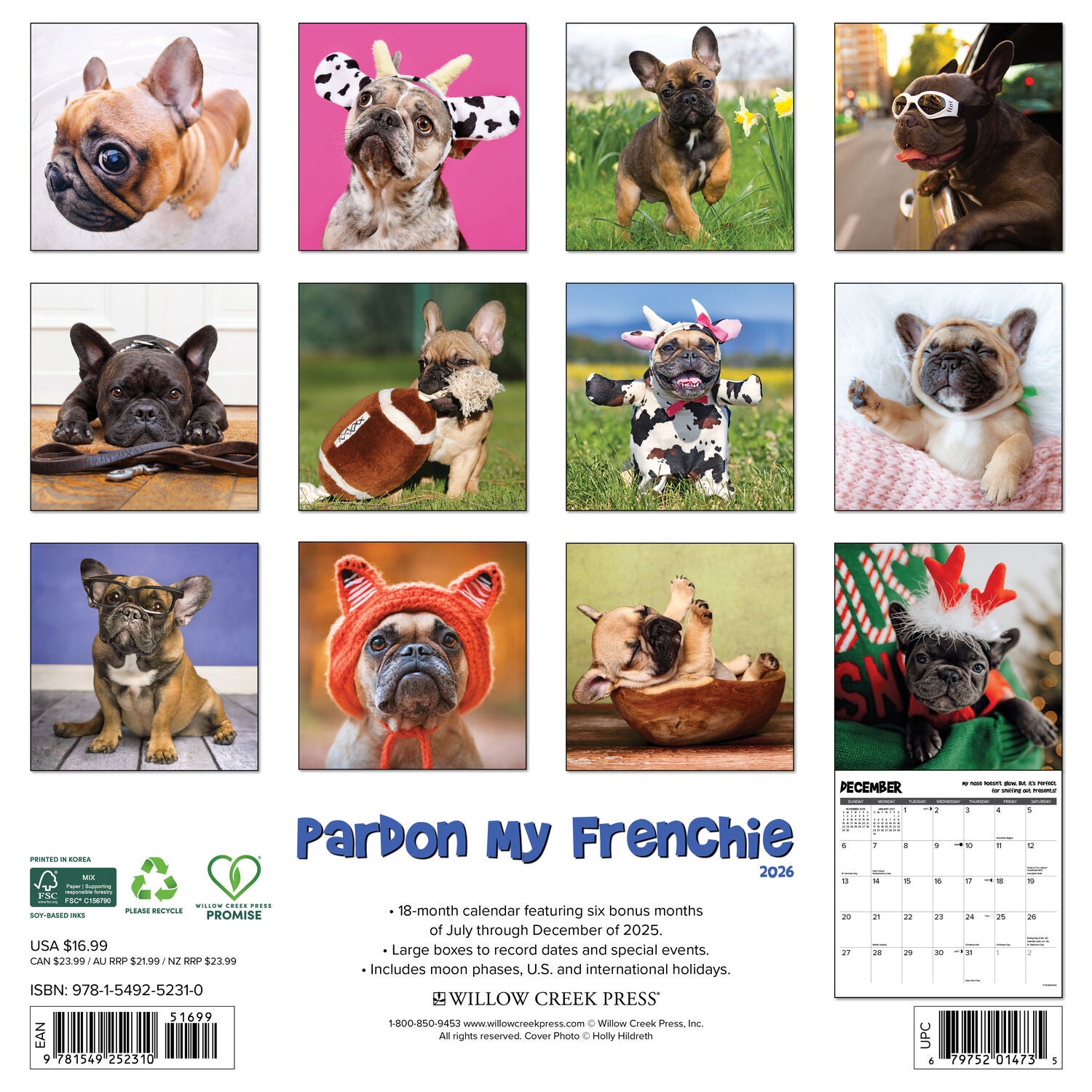 Willow Creek Press 2026 Pardon My Frenchie Wall Calendar