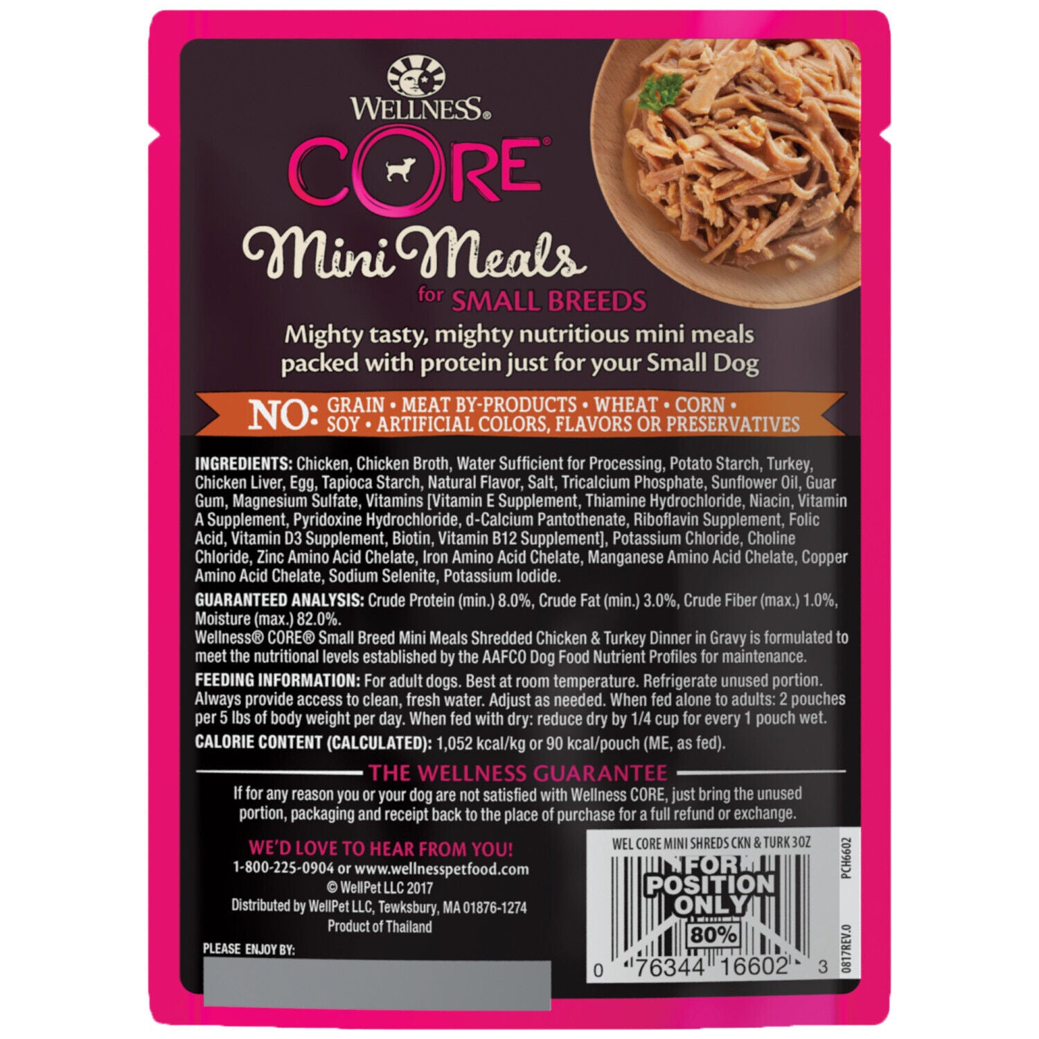 Wellness Core Natural Grain-Free Small Breed Mini Meals Wet Dog Food, Shredded Chicken & Turkey Dinner In Gravy, 3-Ounce Pouch