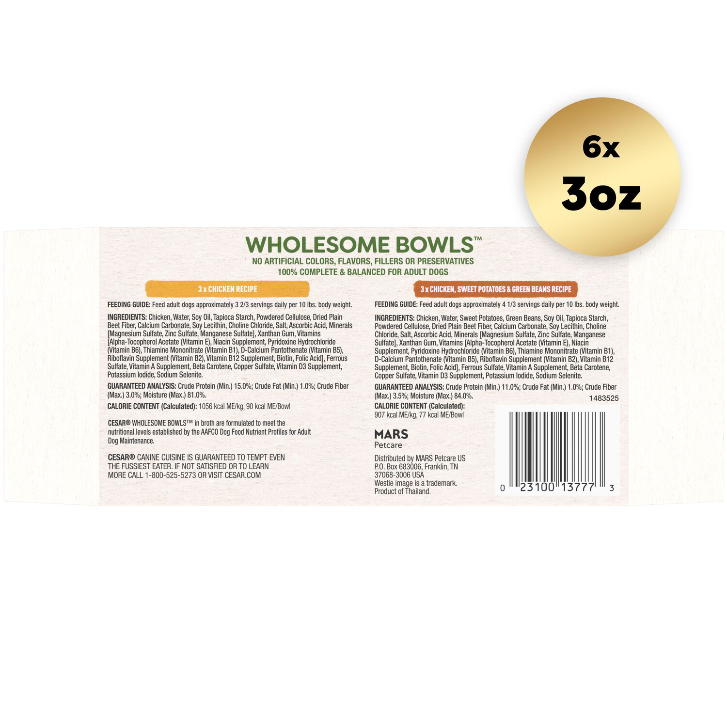 Cesar Wholesome Bowls Wet Dog Food Chicken Recipes Variety Pack, 3Oz/6Ct