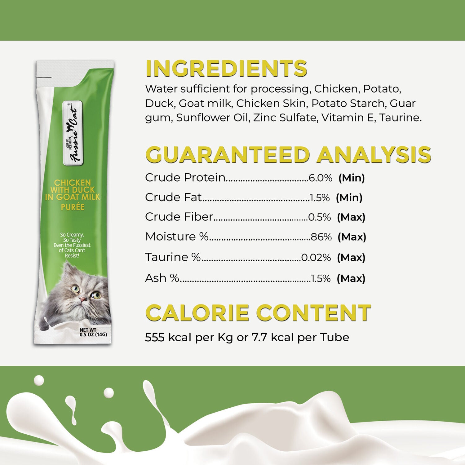 Fussie Cat Super Premium Chicken With Duck In Goat Milk Puree Lickable Cat Treat, 4-2Oz Tubes