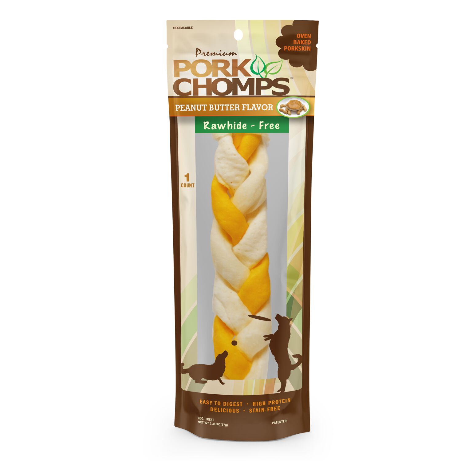 Pork Chomps Peanut Butter Braid Rawhide Alternative Dog Treat, 10-Inch
