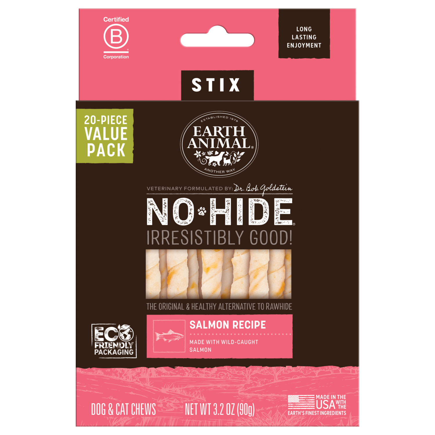 Earth Animal No-Hide Rawhide Alternative Dog & Cat Treat Stix, Wild Caught Salmon