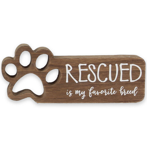 Wood Dog Paw Cutout Box Sign - Rescued Is My Favorite Breed