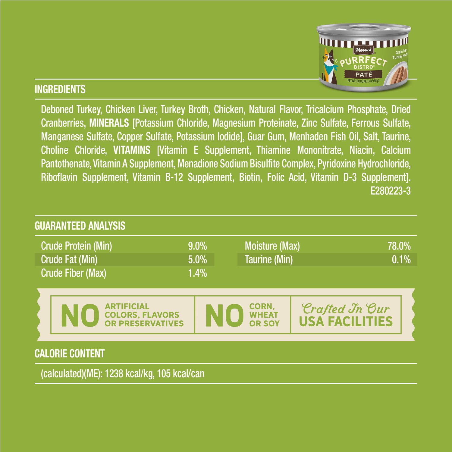 Merrick Purrfect Bistro Grain Free Premium Soft Canned Pate Adult Wet Cat Food, High Protein Turkey Recipe, 3-Oz Can