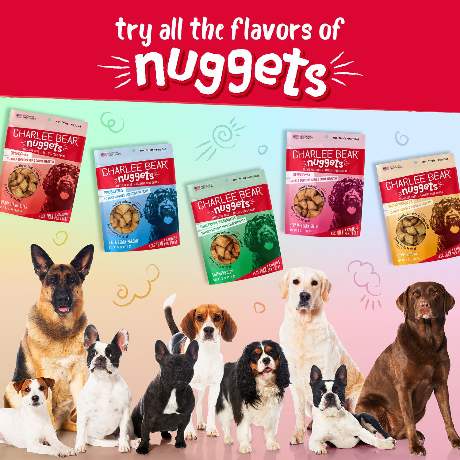 Charlee Bear Nuggets Grain-Free Crunchy Skin & Coat Dog Treats, Straw-Beary Swirl, 6-Oz