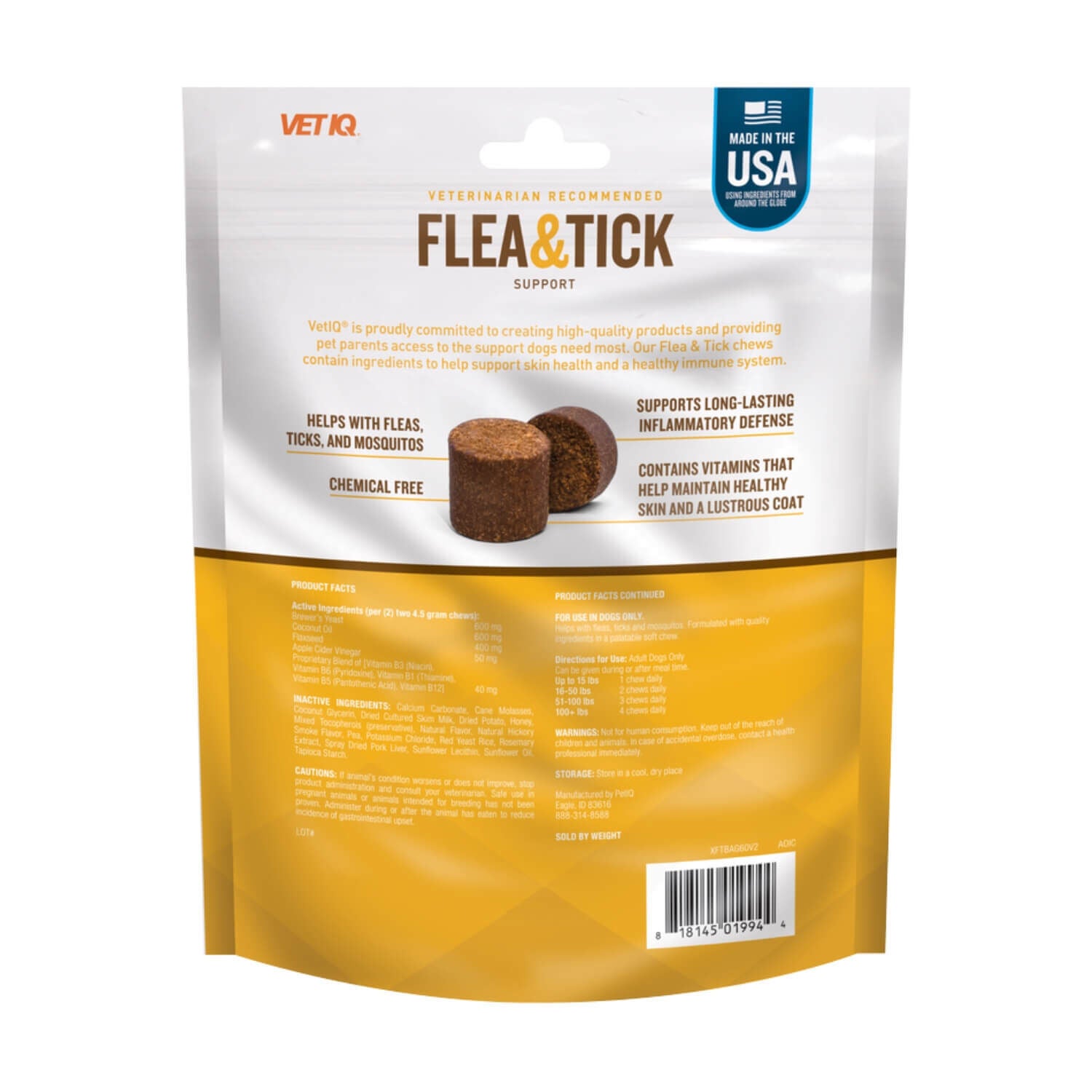 Vet Iq Flea & Tick Support Soft Chews For Dogs Hickory Smoke Flavored 60ct Pet Supermarket