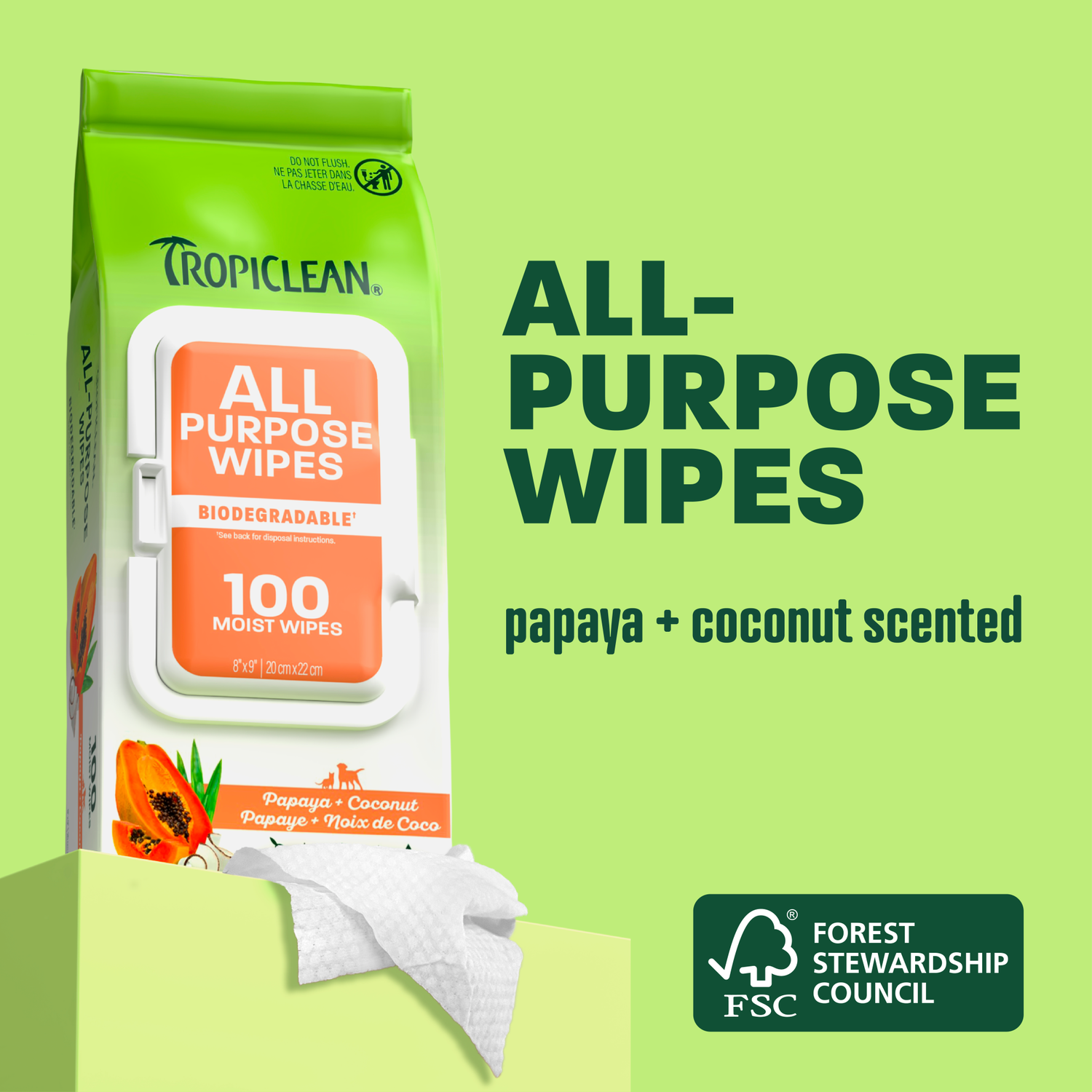 Tropiclean Papaya & Coconut Luxury 2-In-1 Pet Wipes - Wipes For Dogs & Cats, 100-Count