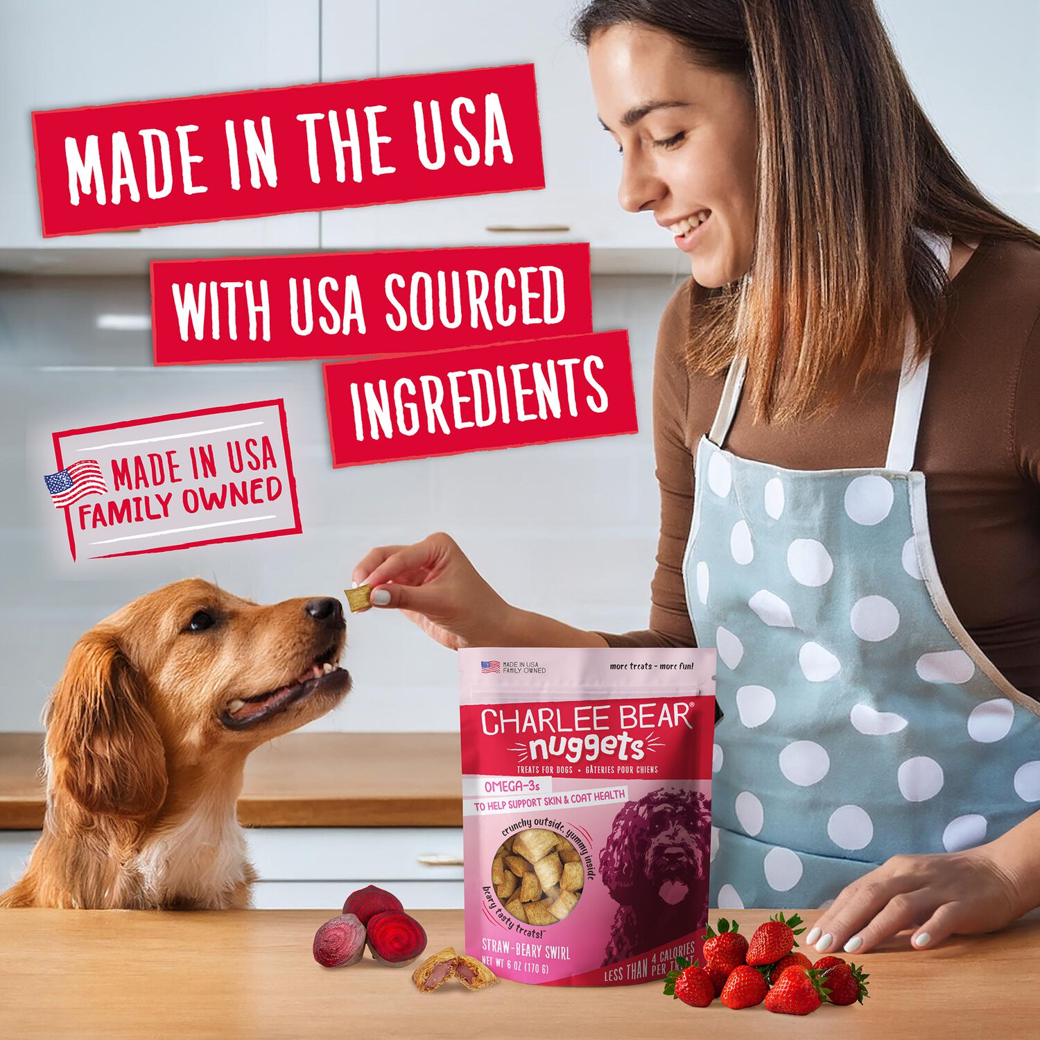 Charlee Bear Nuggets Grain-Free Crunchy Skin & Coat Dog Treats, Straw-Beary Swirl, 6-Oz