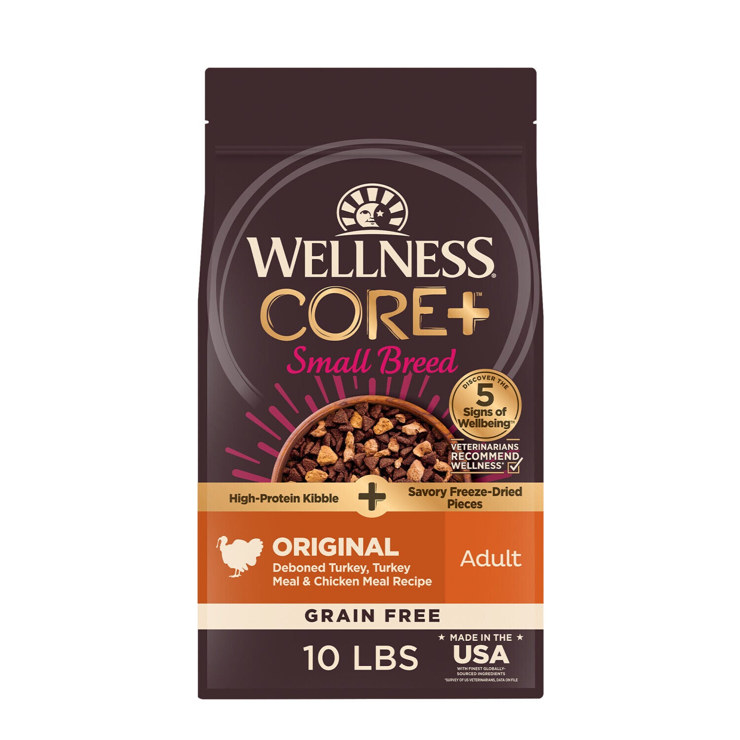 Wellness Core+ Dry Dog Food With Freeze Dried Pieces, Small Breed, Grain Free, High Protein, Natural, Original Turkey & Chicken Recipe, 4-Pound Bag