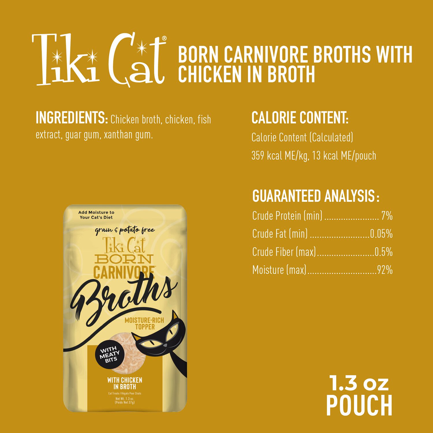 Tiki Cat Born Carnivore Grain-Free Broths Wet Cat Food Topper, Chicken, 1.3-Oz Pouch 12-Count