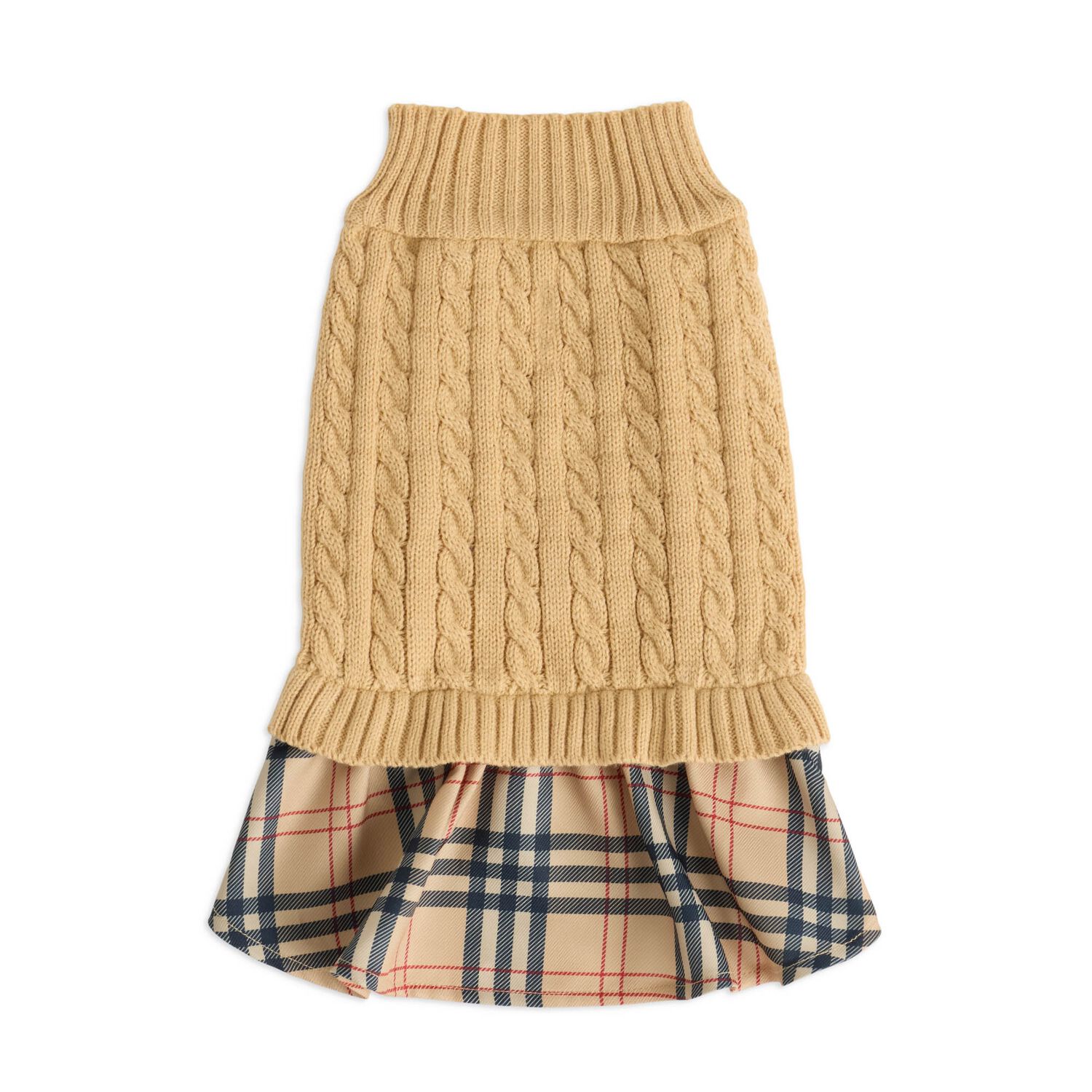 Aristopet Cable Sweater Dog Dress With Plaid Twill Skirt, Small