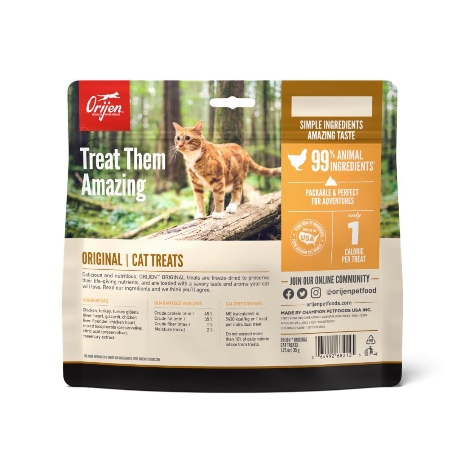 Orijen Freeze Dried Cat Treats, Grain Free, Natural And Raw Animal Ingredients, Original Flavor With Free Run Poultry And Monkfish, 1.25 Oz