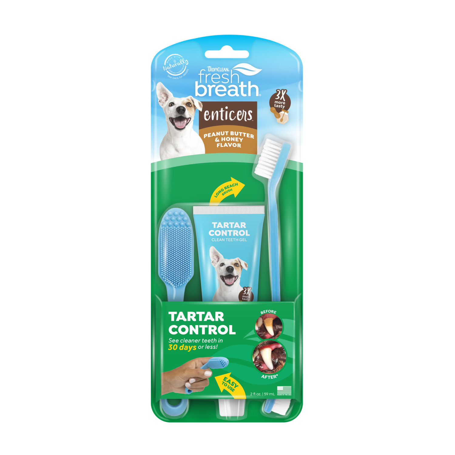 Tropiclean Fresh Breath Enticers Tarter Control Dog Dental Kit, Peanut Butter & Honey Flavor, 3-Piece Kit