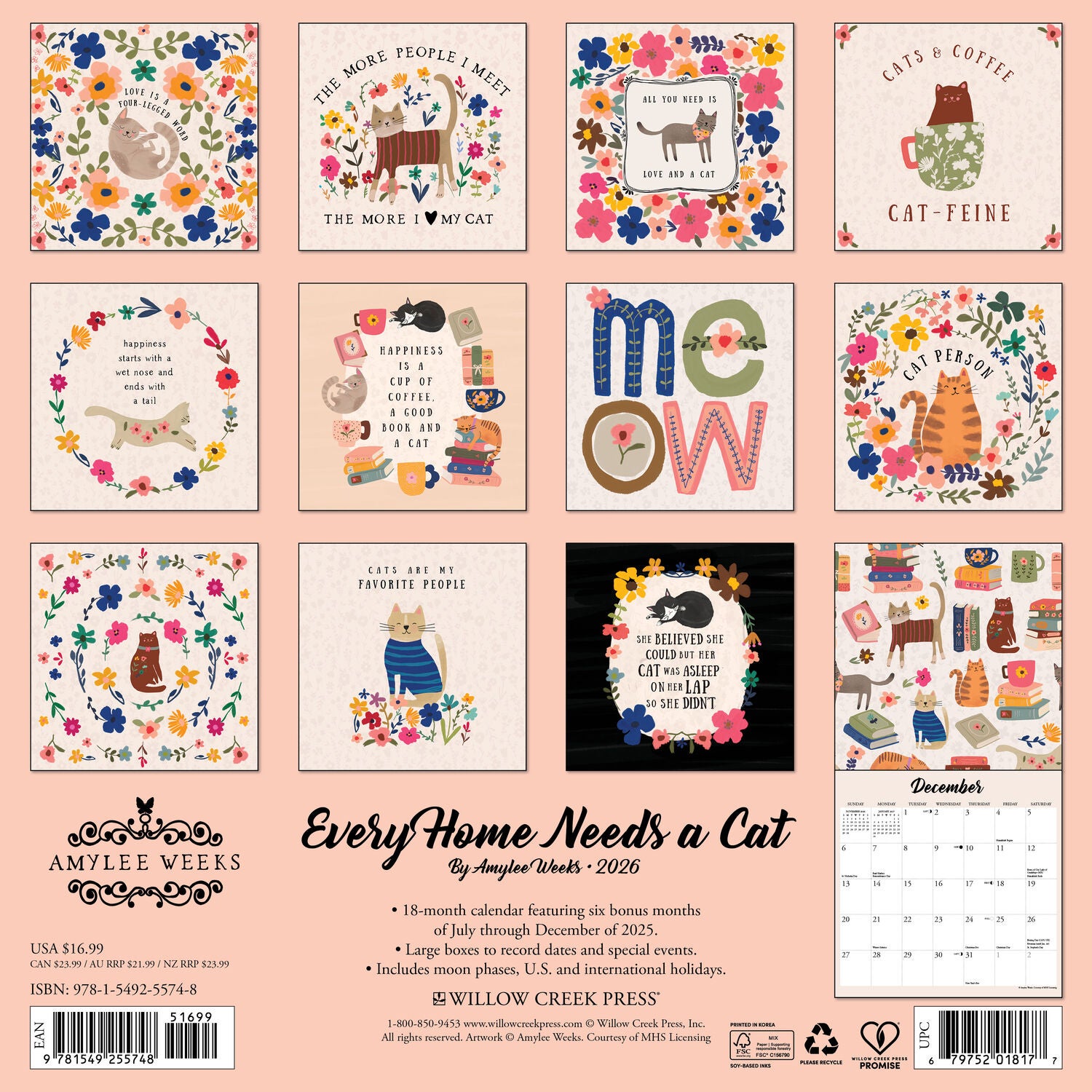 Willow Creek Press 2026 Every Home Needs A Cat Wall Calendar