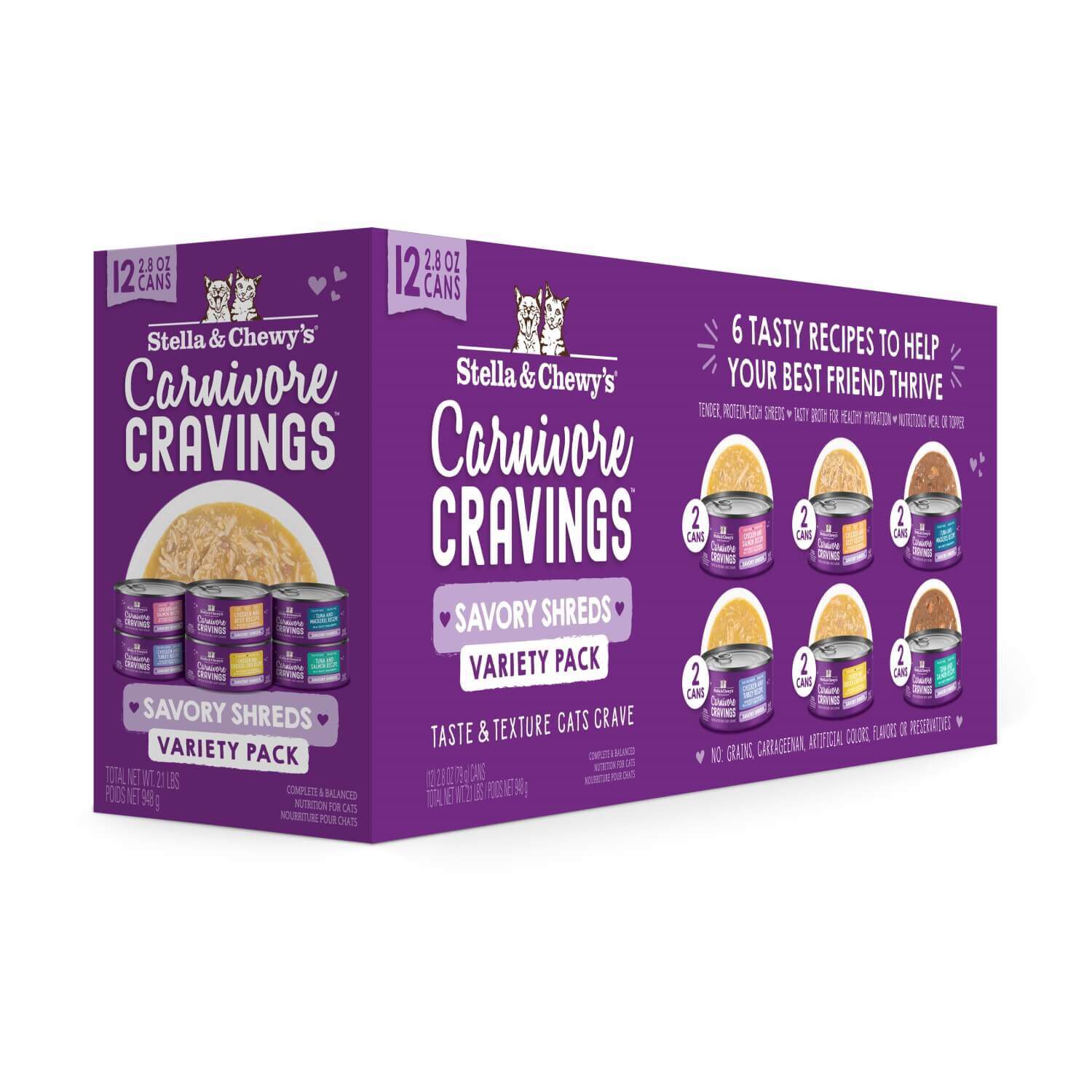 Stella & Chewy's Carnivore Cravings Savory Shreds Canned Wet Cat Food Variety Pack. 2.8 Oz Cans, Case Of 12