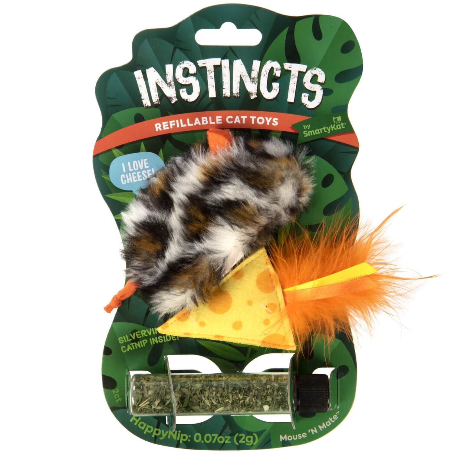 Instincts By Smartykat&reg; Mouse 'N Mate Refillable Mouse Cat Toy And Feathered Cheese Cat Toy With Bonus Tube Of Happynip Silvervine & Catnip