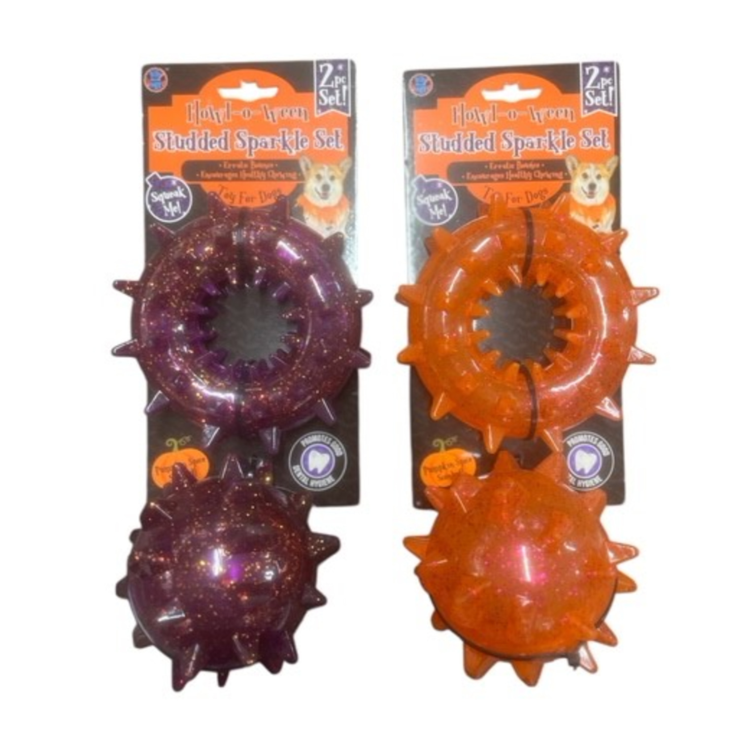 Bow Wow Pet Halloween Spiked Glitter Ring And Ball Dog Toys, 2 Pack