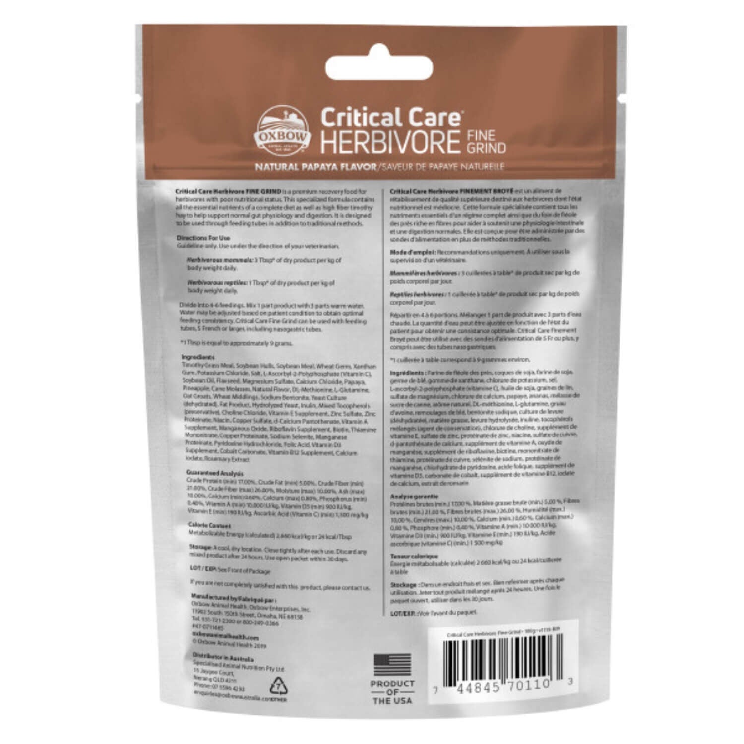 Oxbow Critical Care Herbivore Fine Grind Nutritional Supplement For Herbivorous Small Pets, Papaya
