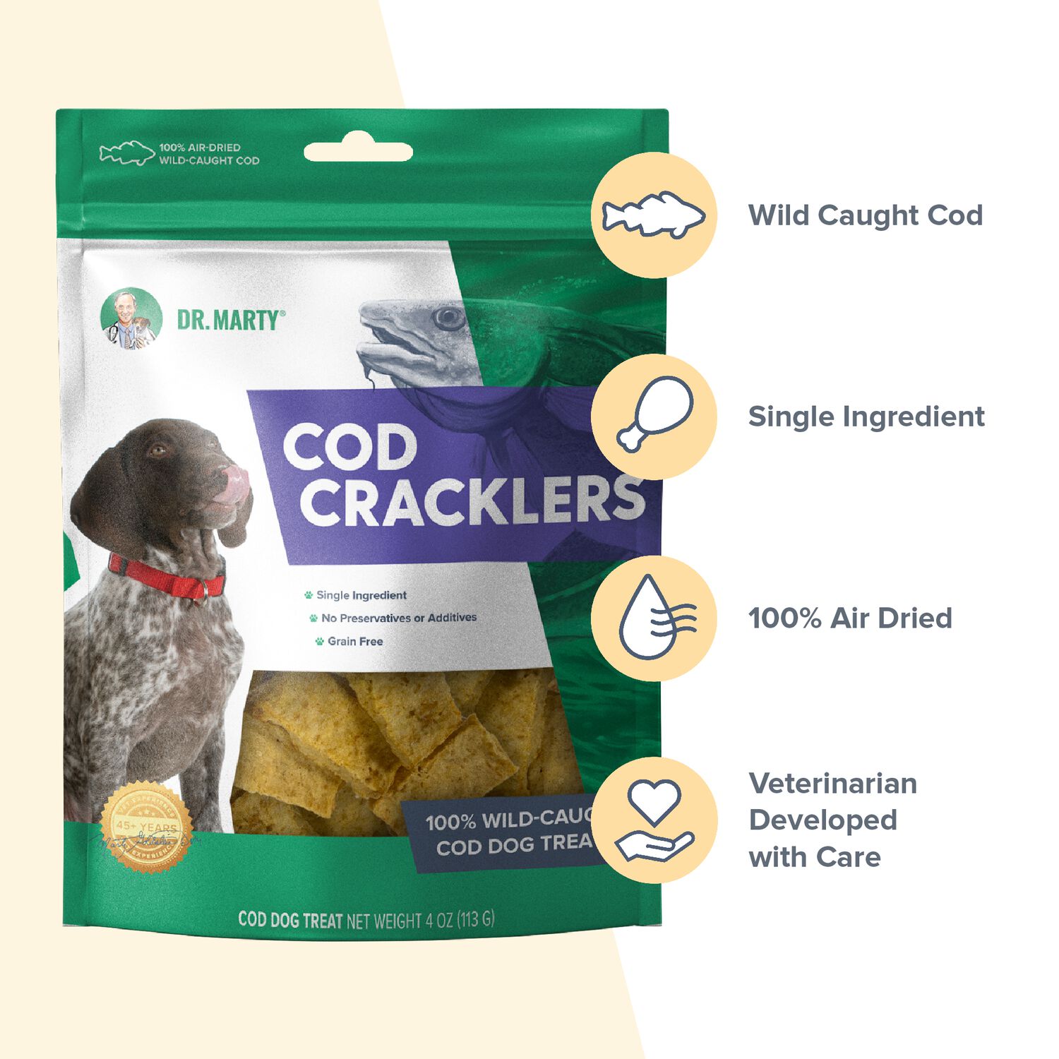 Dr. Marty Air-Dried Cod Cracklers Chewy Dog Treats, 4-Oz Bag