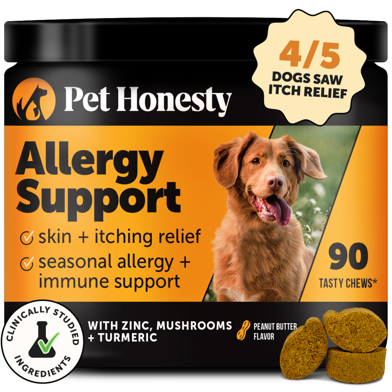 Pet Honesty Allergy Support Soft Chews Dog Supplements, Peanut Butter Flavored, 90-Count