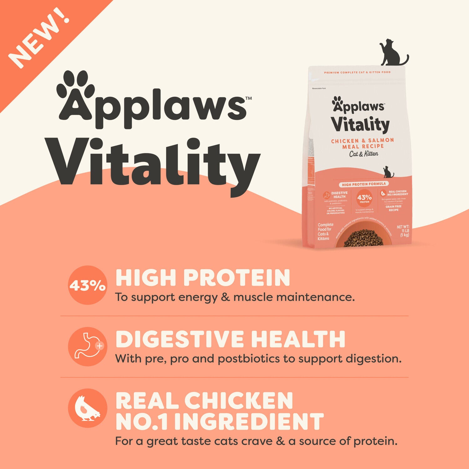 Applaws Vitality Complete & Balanced Chicken And Salmon Meal Recipe Adult Dry Cat Food, 5-Lb Bag