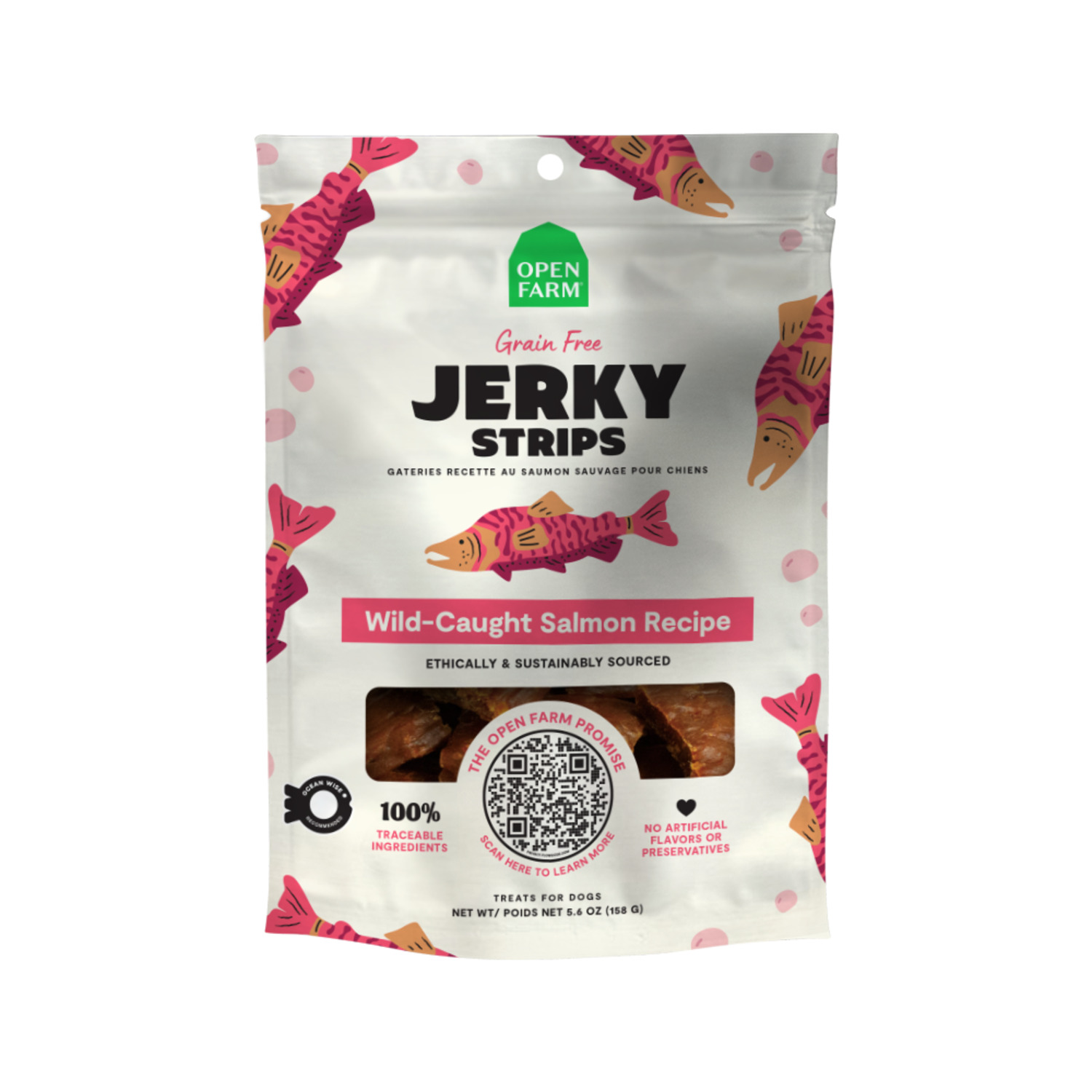 Open Farm Grain Free Jerky Strips Dog Treats, Wild-Caught Salmon, 5.6-Oz Bag