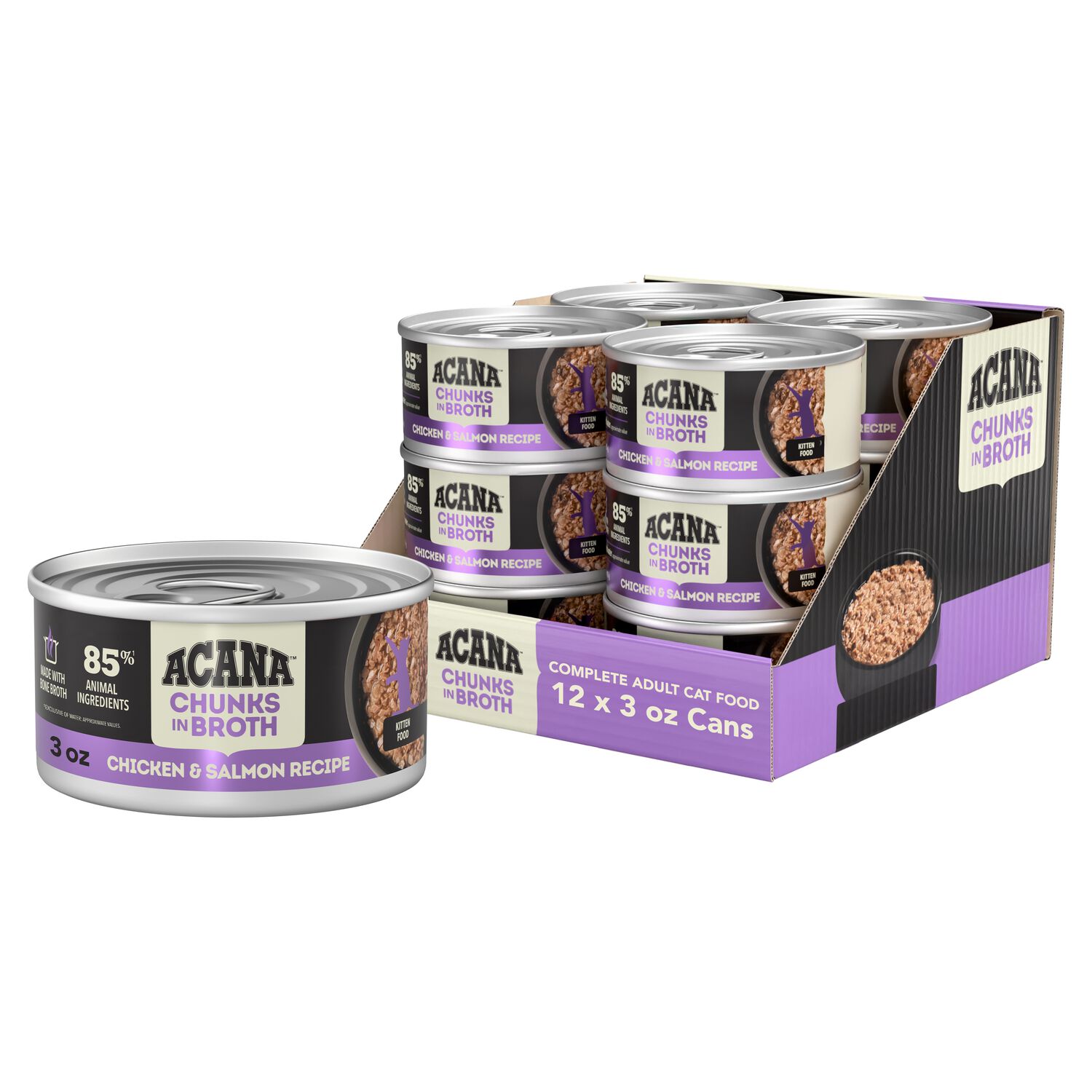 Acana Chunks In Broth Wet Cat Food, Chicken & Salmon Recipe For Kittens, 3-Oz Pack Of 12