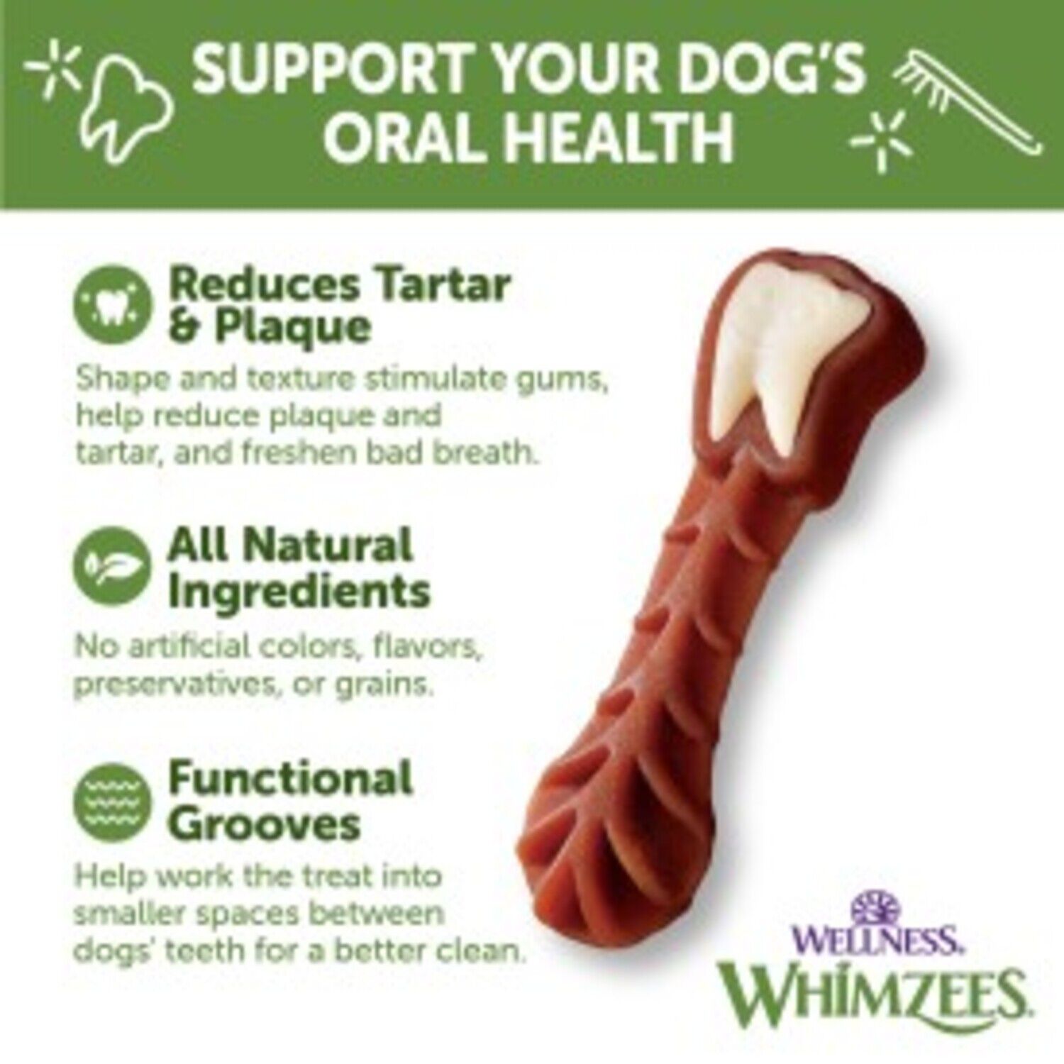 Whimzees Brushzees Natural Grain Free Dental Chews For Dogs, Large Breed, 6 Count