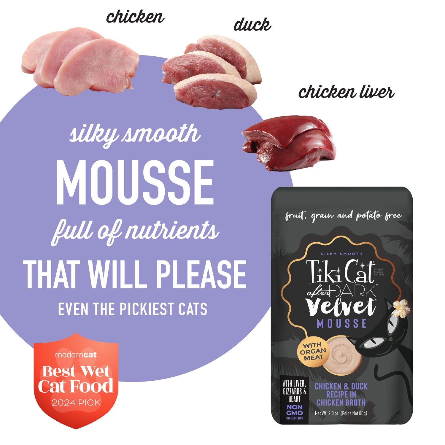 Tiki Cat After Dark Velvet Mousse, Chicken & Duck, 2.8-Oz Pouch Pack Of 12