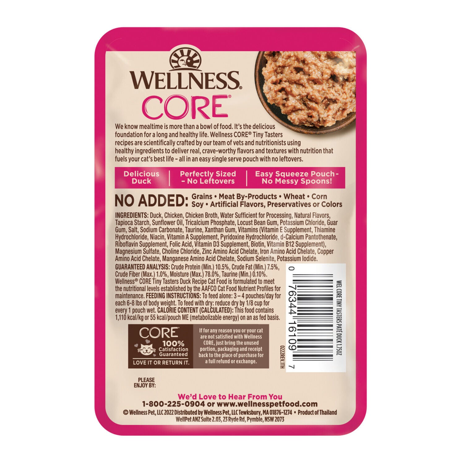 Wellness Core Tiny Tasters Pate Adult Wet Cat Food Duck Recipe, Natural, Protein-Rich, Grain-Free, 1.75-Ounce Pouch