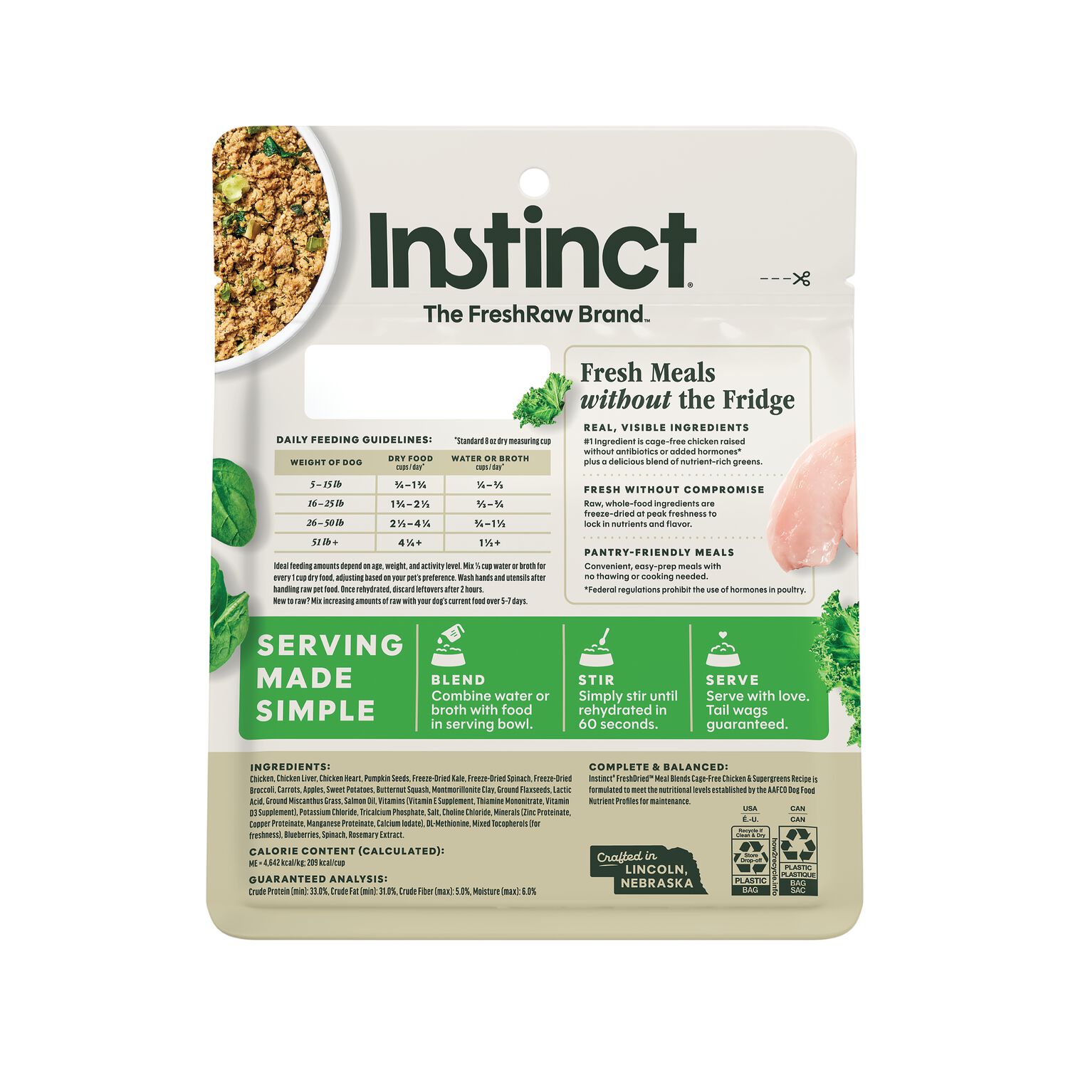 Instinct Freshdried Meal Blends Freeze-Dried Raw Dog Food, Chicken & Supergreens Blend, 3-Oz Bag